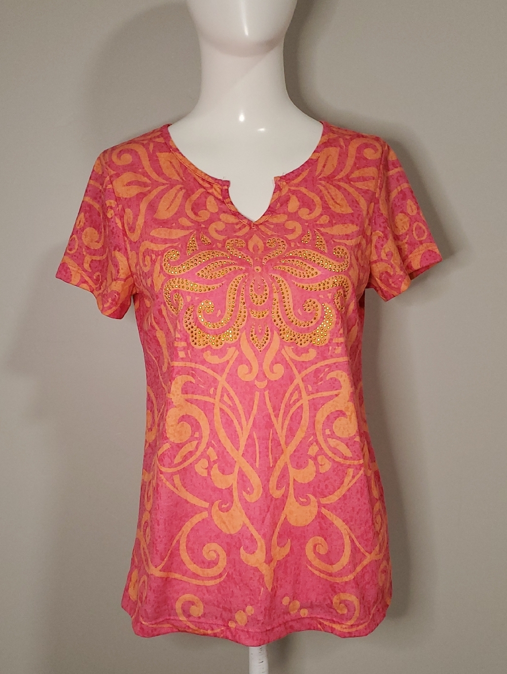 Christopher & Banks Pink and Orange Decorative Short Sleeve Tee